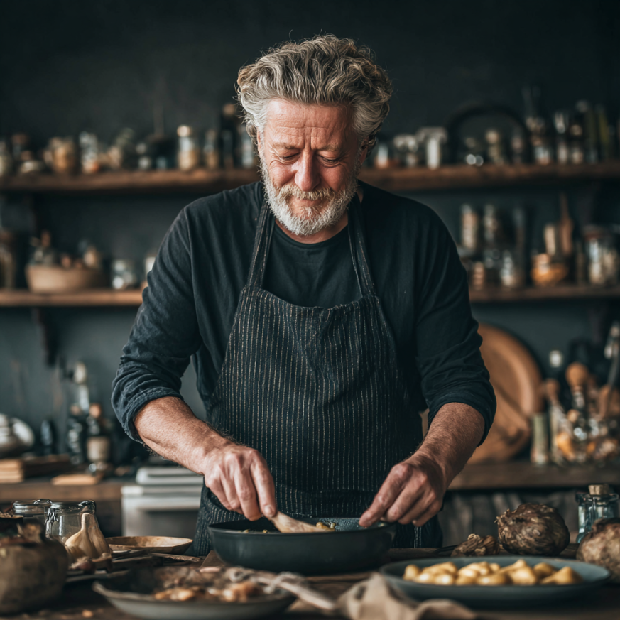 Щаслива пара похилого віку готує здорову їжу